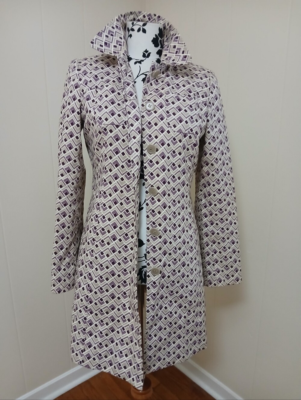 LOFT Patterned Purple & Cream Long Coat